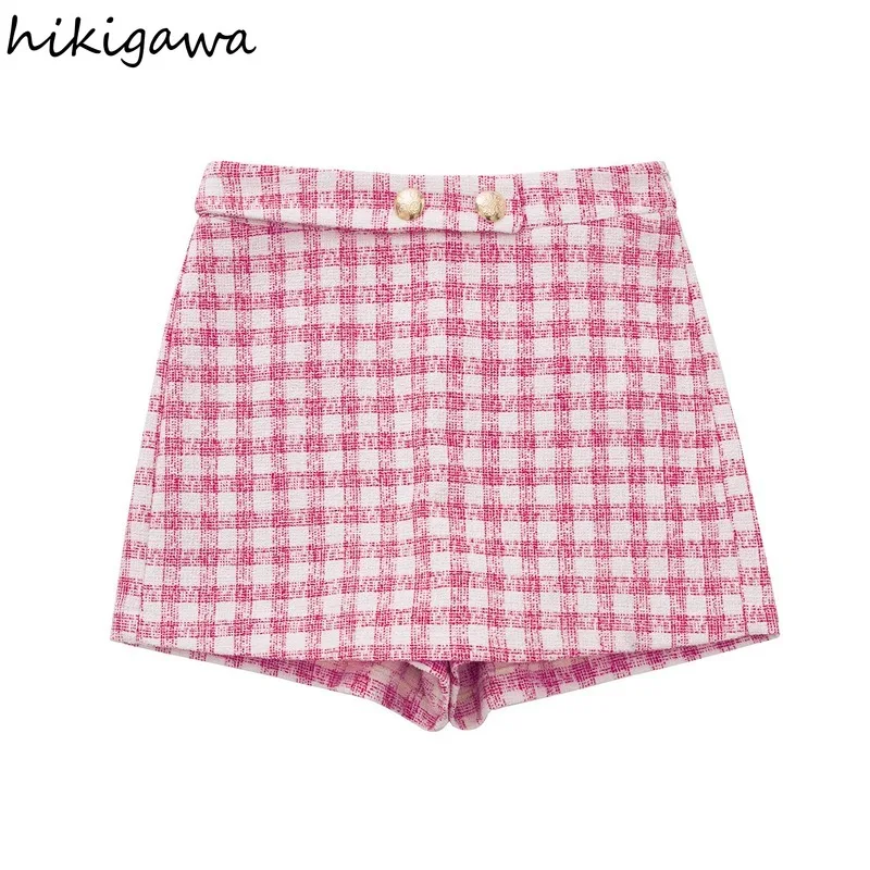 

Hikigawa Women Fashion Tweed Plaid Texture Casual Short Pants Vintage High Waist With Zipper Female Shorts Mujer