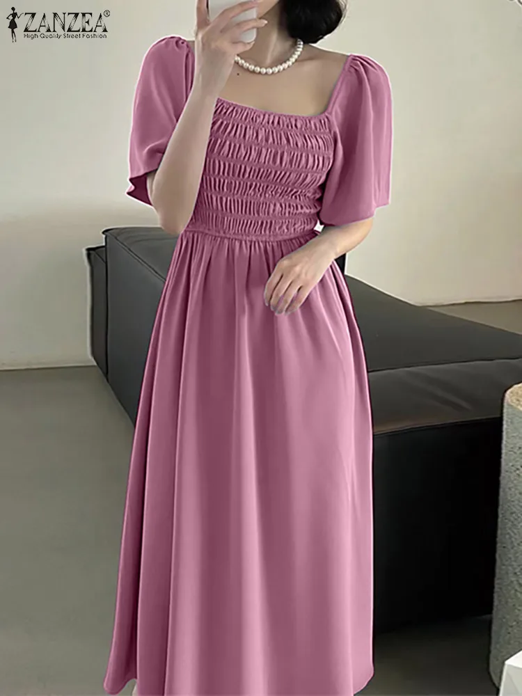 

ZANZEA Women Long Dress 2022 Elegant Pleated Puff Sleeve Elegant Dating Vestidos Oversized Summer Off Shoulder Party Sundress