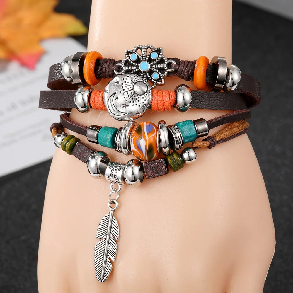 

WANGAIYAO new fashion simulation leather bracelet leather rope wax rope bracelet leaves star moon bracelet multi-layer pillar br