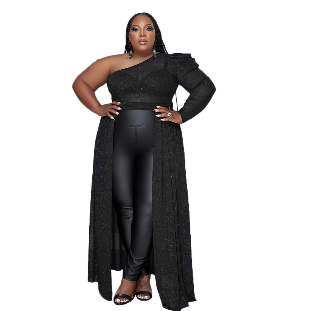 Plus Size New Semi-perspective Mesh Slim Sexy Top Elegant Solid Color Bubble Sleeve Single Side Long Sleeve Fashion Long Top