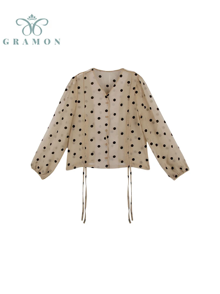 

Блузка женская шифоновая в горошек, с длинным рукавом и V-образным вырезом