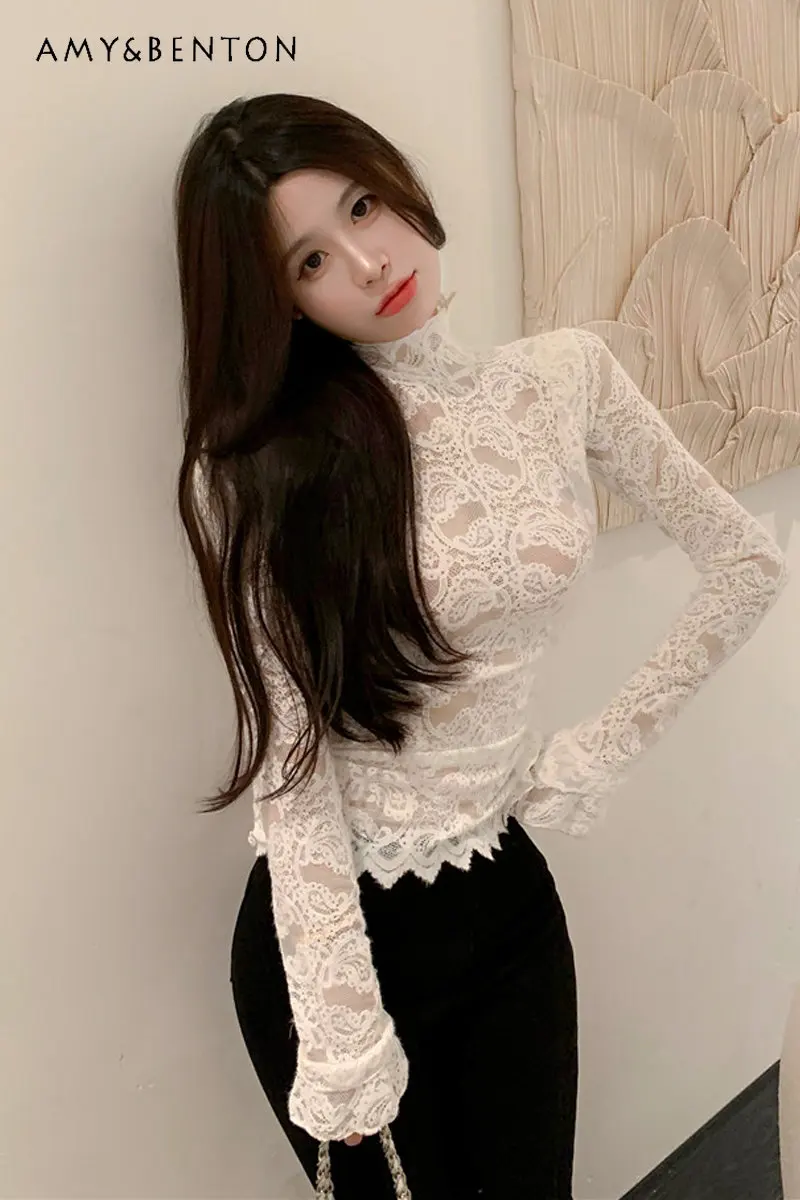 

Crocheted Hollow-out Stand Collar Blouse Long-Sleeved Lace Bottoming Shirt Women's Elegant Fashion Inner Match Short Top