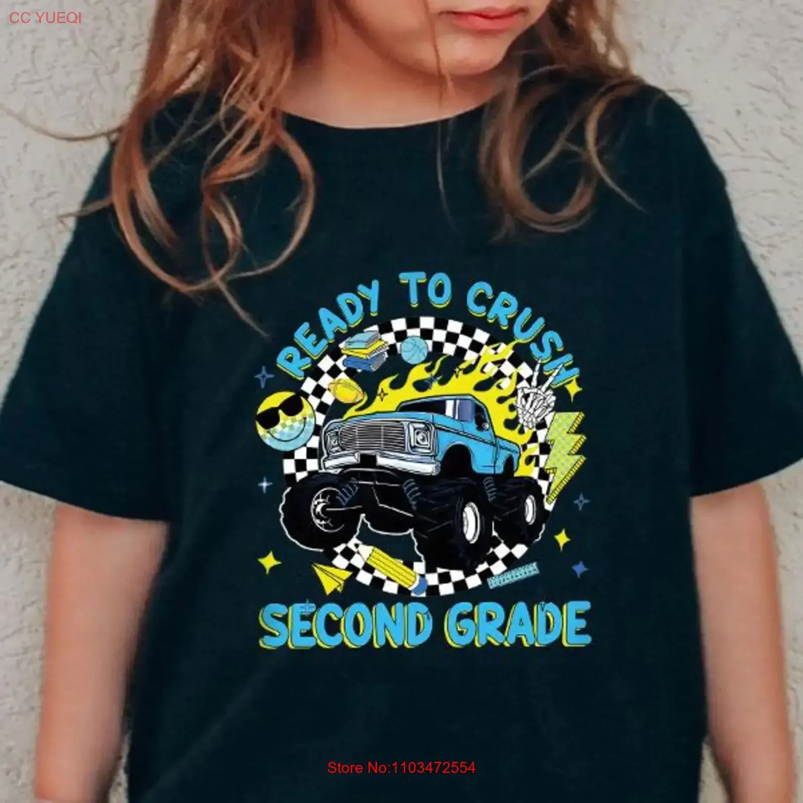 Фото Футболка для мальчиков Ready To Crush Second Grade с принтом Monster Truck, крутая, для школы, на 2-й и 1-й день учебы, винтажная, с эффектом потертости, повседневная, дышащая №1