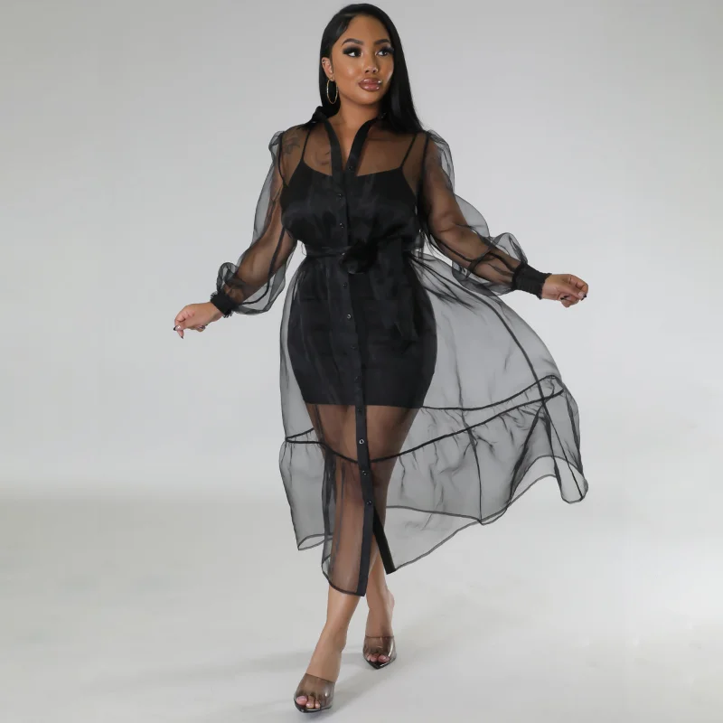 

WUHE прозрачная сетчатая однобортная рубашка макси длинное платье с майкой без рукавов облегающие платья миди Женский комплект из 2 предмето...