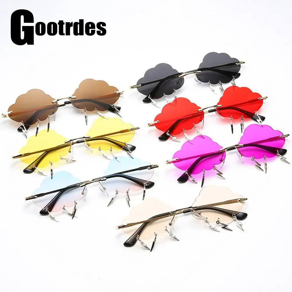 

Clouds Shape Sunglasses with Lightning Pendant Women Fashion Colorful Rimless Sun Glasses Retro 90s Funny Disco Party Eyewear
