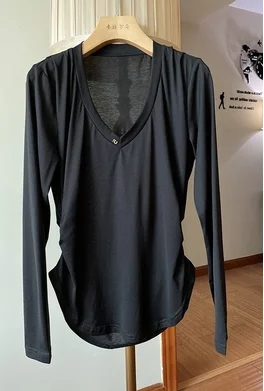 

A Design blouse early autumn mercerized cotton v-neck waist fashion all-match basic T-shirt