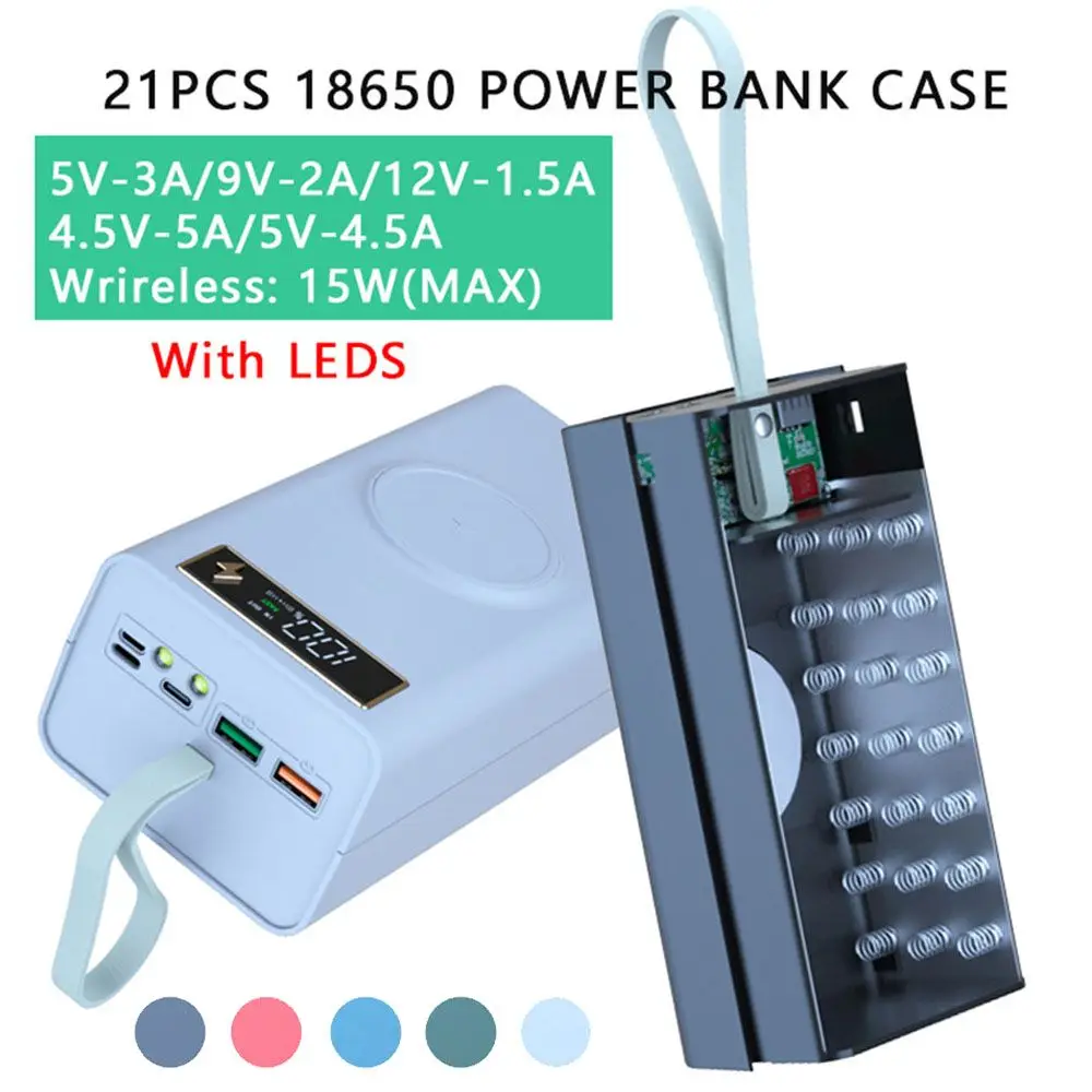 

21x18650 Battery Storage Box Quick Charge18650 Battery Power Bank Case Shell Wireless Charging Holder with LED Light