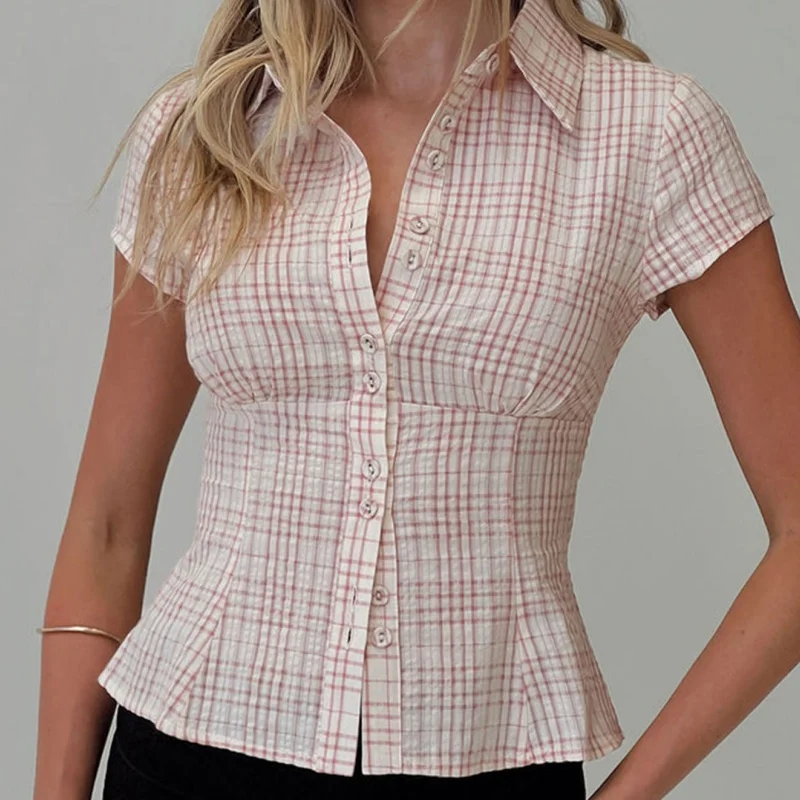 Женские клетчатые рубашки в стиле ретро с коротким рукавом и отложным воротником