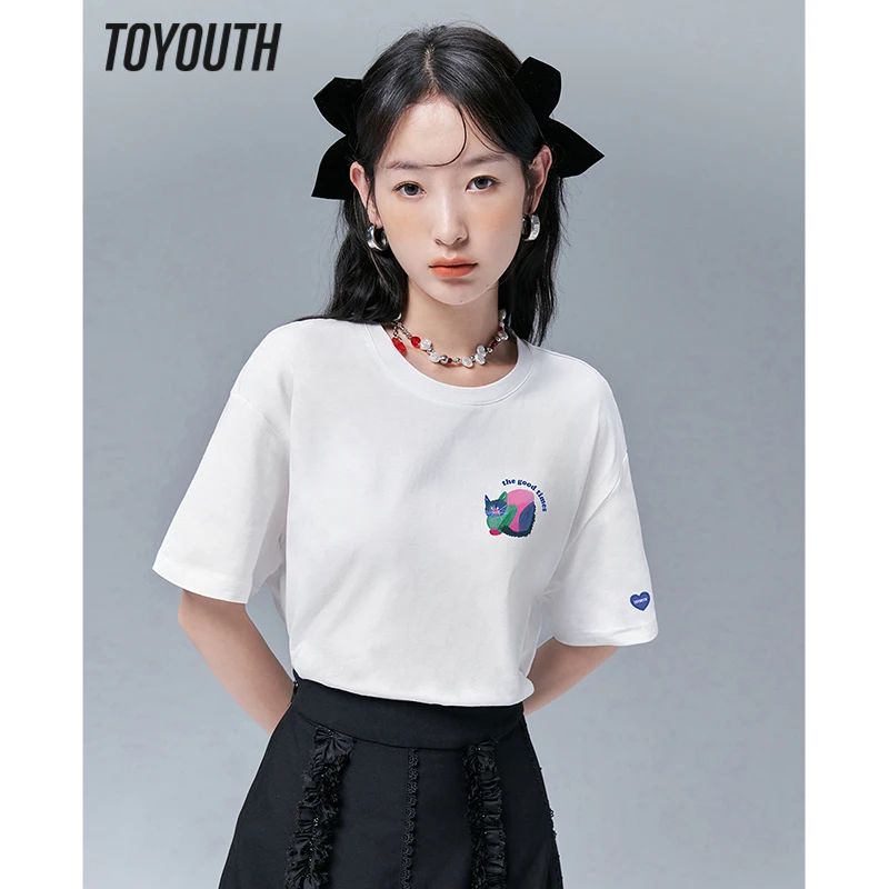 

Toyouth Women T-shirt 2023 Summer Short Sleeve O Neck Loose Tees Cute Cat Print Pure Cotton Multicolor Basic All Match Tops
