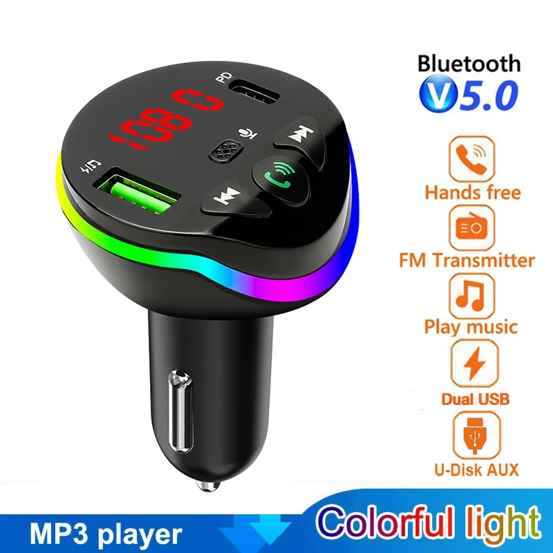 Bluetooth 5.0 FM-передатчик Громкая связь Автомобильный радиомодулятор U-диск Aux MP3-плеер