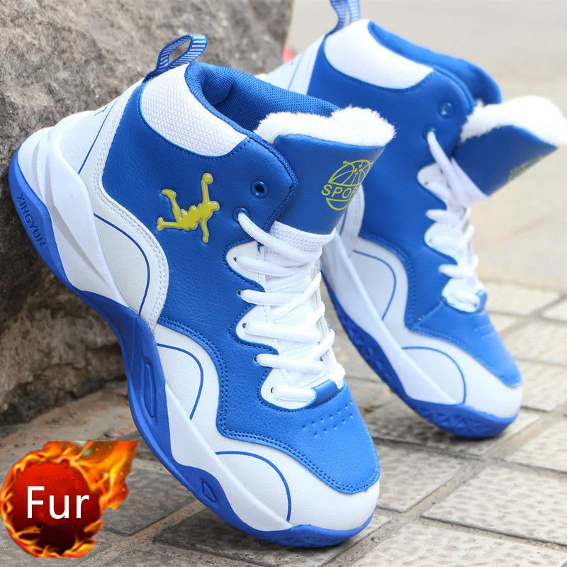 

Winter Keep Warm Fur Basketball Boots Men Leather Sneakers High Top Lace Up Ankle Sport Shoes Basket Homme Plush Casual Sneakers