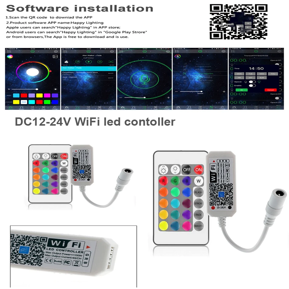 Контроллер светодиодной ленты WIFI RGB с адаптером питания 12 В 2 А музыкальный звук