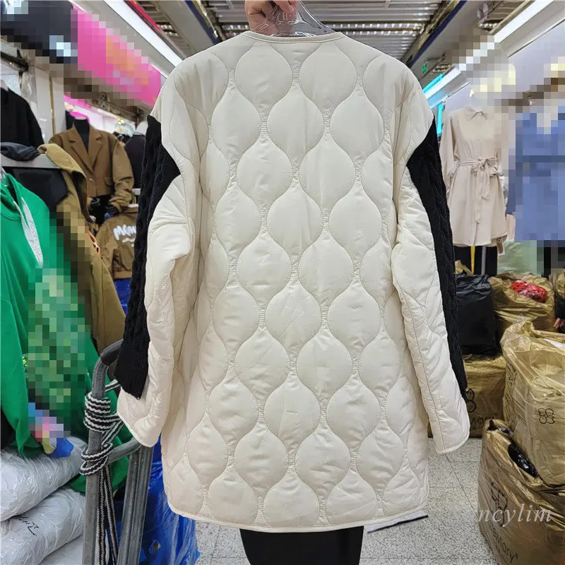 Mid-Length Stitching Knitted Parka Women's Autumn Winter Clothing Korean Style Loose Diamond Plaid Single-breasted Coats 2022