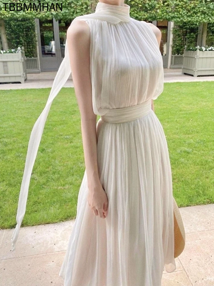 

White Elegant Chiffon Midi Dress Women Sleeveless Slim One Piece Dress Korean Casual Pure Color Beach Dress Party Summer
