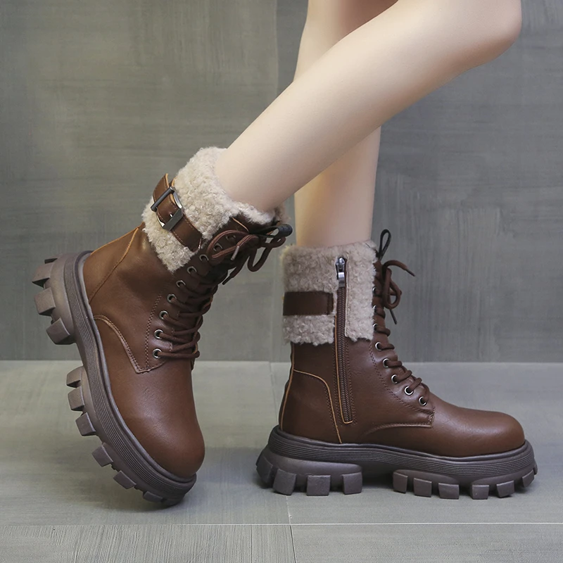 Thick Soled Leather Ankle Boots Women's 2023 New Lace Up Thickened Thermal Short Boots Women's Thick Soled Winter Shoes Women's