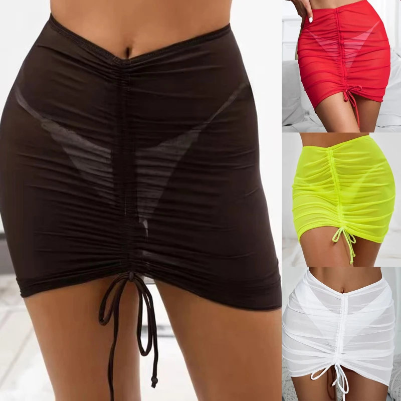 

Женская сетчатая накидка на купальник, прозрачная юбка на шнуровке, Пляжное бикини для купания, сетчатая накидка на шнуровке, юбка, купальники