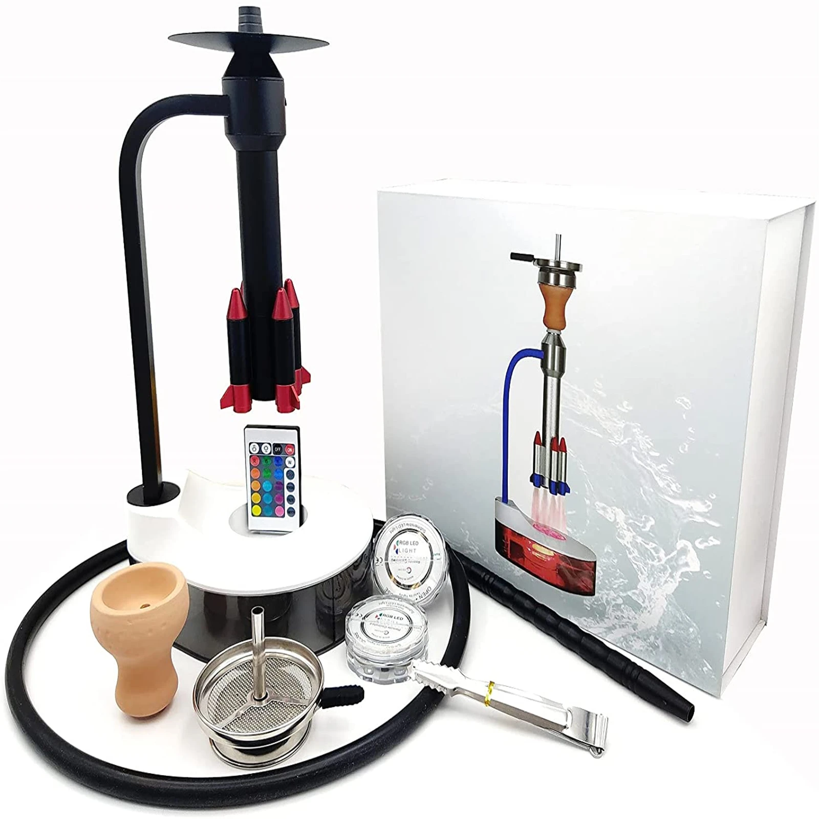 

Полный набор для кальяна, современный набор для кальяна в форме ракеты с двумя светодиодный ными лампами и пультом дистанционного управлен...