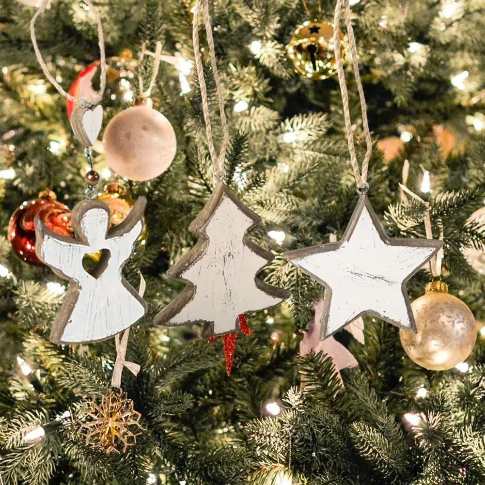 

3pcs Retro Wooden Christmas Tree Angel Star Personality Pine Home Furnishing Decoration Ornaments Living Room Pendant Decor