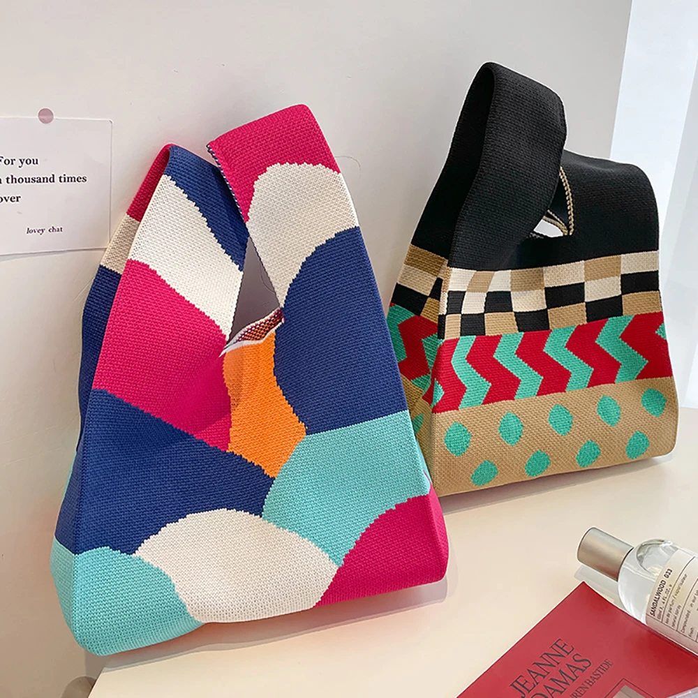 

Handmade Knit Handbag Women Mini Knot Wrist-bag Female Casual Color Wide Stripe Plaid Tote Bag Student Reusable Shopping Bag