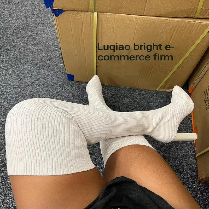 

Woman Over The knee Boots Winter Thigh Knitted Elastic Socks Shoe Warm Sexy Stilettos Heels Pointed Long Boots 35-43 botas mujer