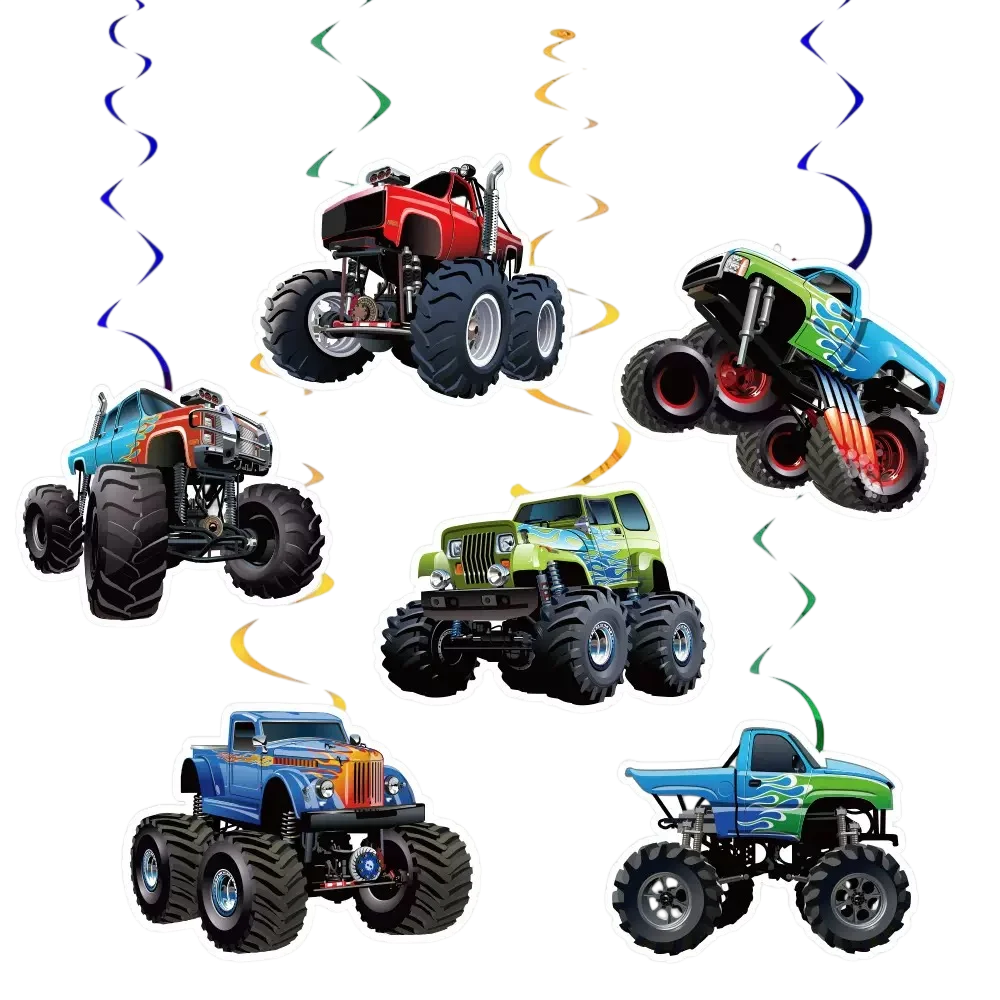 Фото Набор одноразовой посуды для вечеринки в стиле гоночных машин Monster Truck: тарелки, стаканы, салфетки, баннер, воздушные шары, украшения и сувениры на день рождения мальчика №2