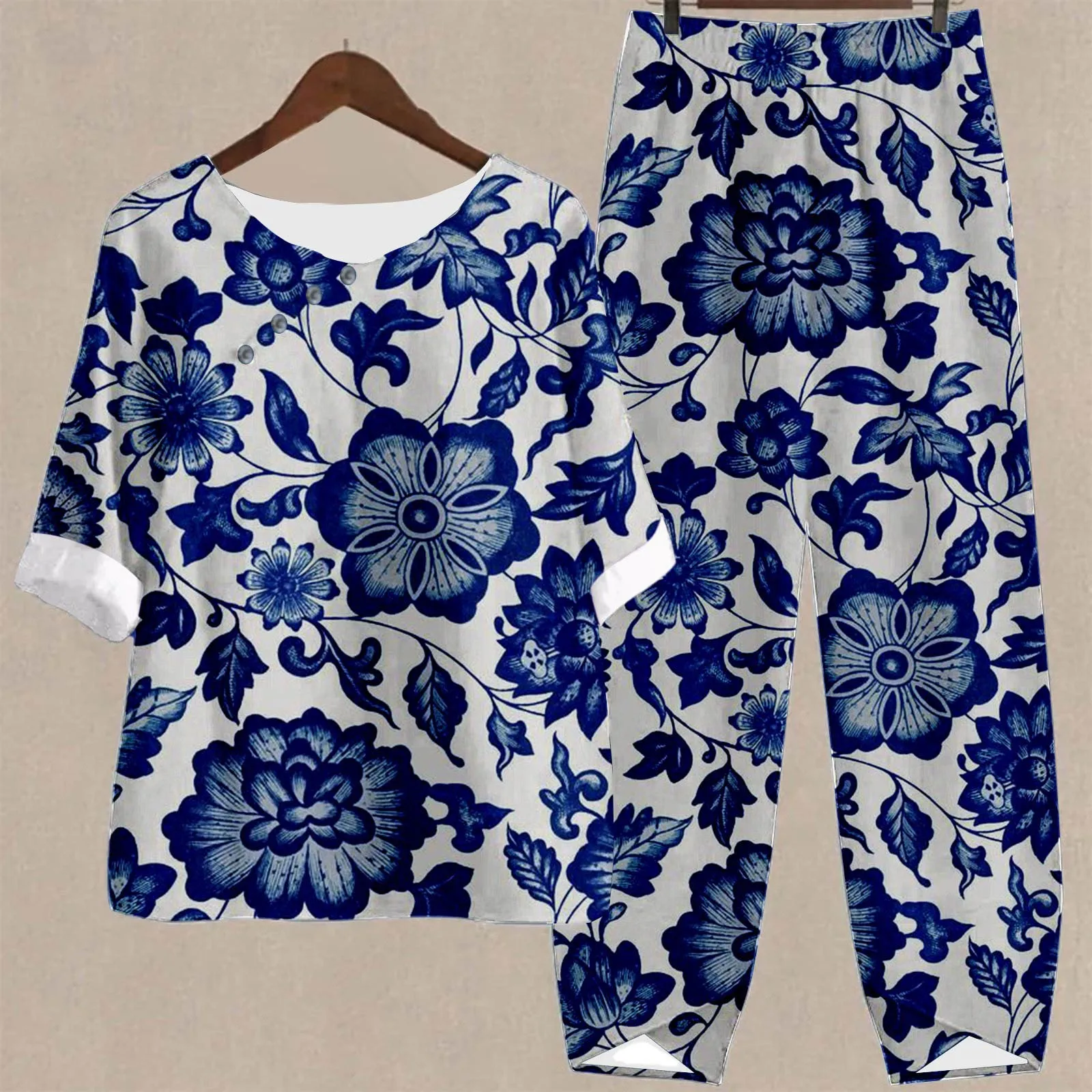 

Женский Повседневный костюм из двух предметов, элегантный винтажный костюм свободного покроя с круглым вырезом, короткими рукавами, брюкам...