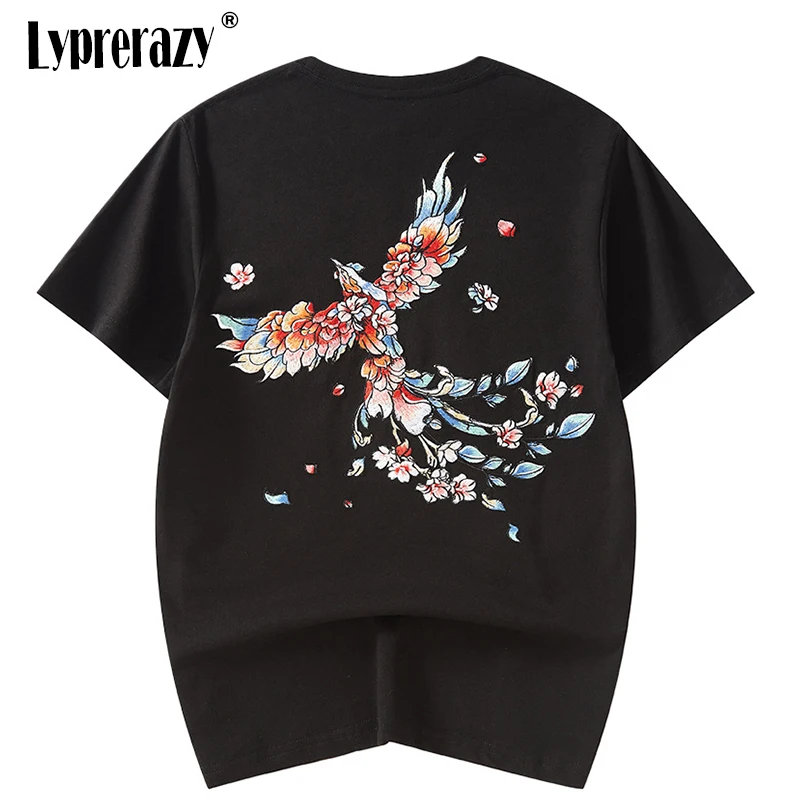 

Lyprerazy Summer New Cotton Men's Clothing National Tide Phoenix Embroidery Couple Short-sleeved Shirts