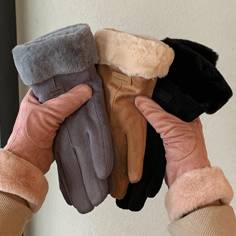 Женские зимние замшевые кожаные плюшевые перчатки с закрытыми пальцами женские
