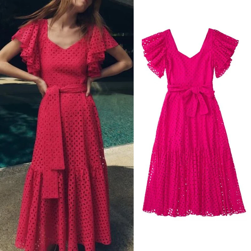 

Women Fashion Tied Belt Cutwork Embroidered Midi Dress Vintage Straight Neck Short Ruffled Sleeves Female Dresses Robe Femme