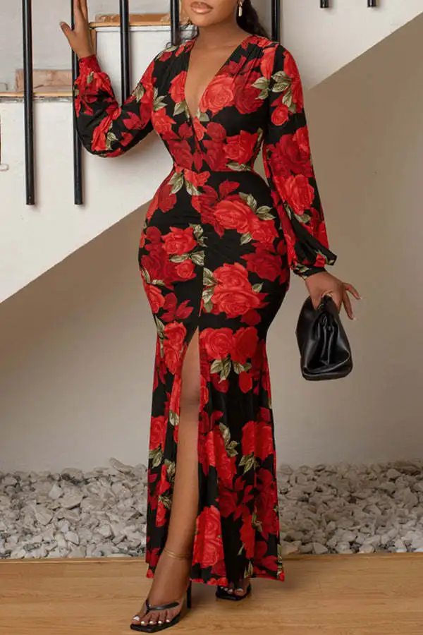

Women Spring Long Sleeve Deep V-neck Long Dress Sexy High Waist Split Print Dresses