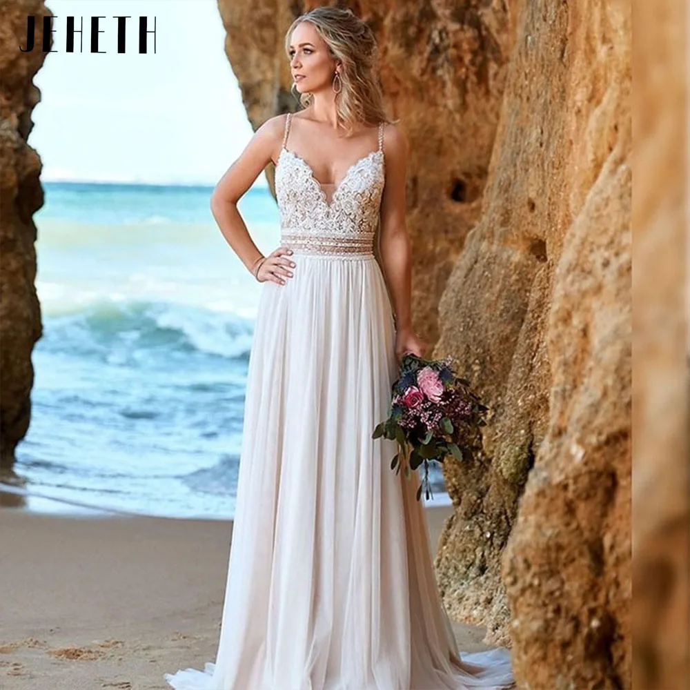 

Простое шифоновое свадебное платье с открытой спиной и V-образным вырезом в богемном стиле для невесты, кружевное пляжное свадебное платье без рукавов с аппликацией, платье Мари