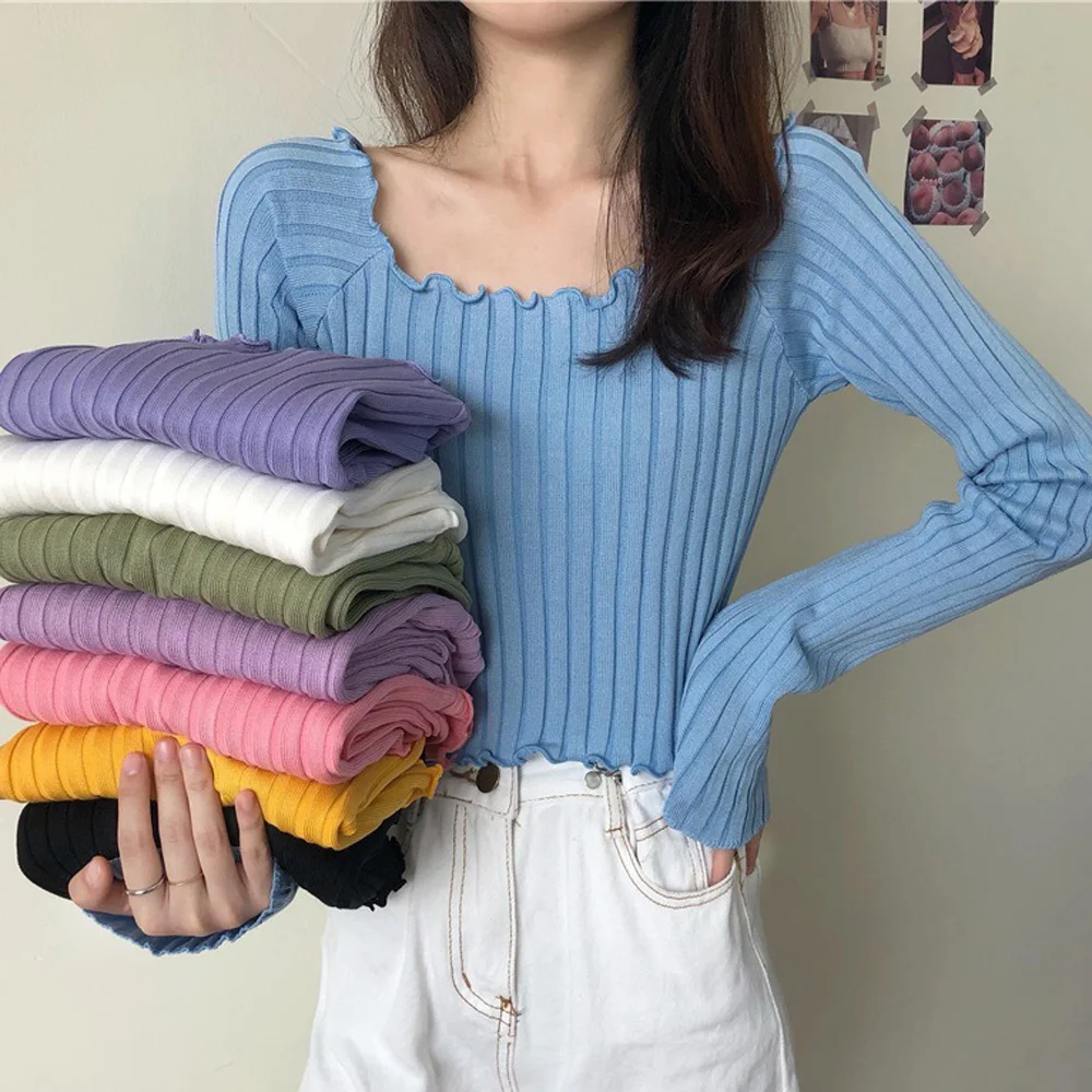

2022 Spring Women Long Sleeve Knitted Sweaters Tops Korean Lady Square Neck Knitted Knitted Pullovers