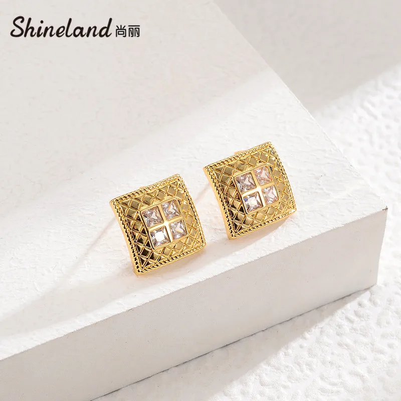 

Shineland Vintage Square Zircon Stud Earrings For Women Statement Gold Silver Color Metal Brincos New Fashion Jewelry Party Gift