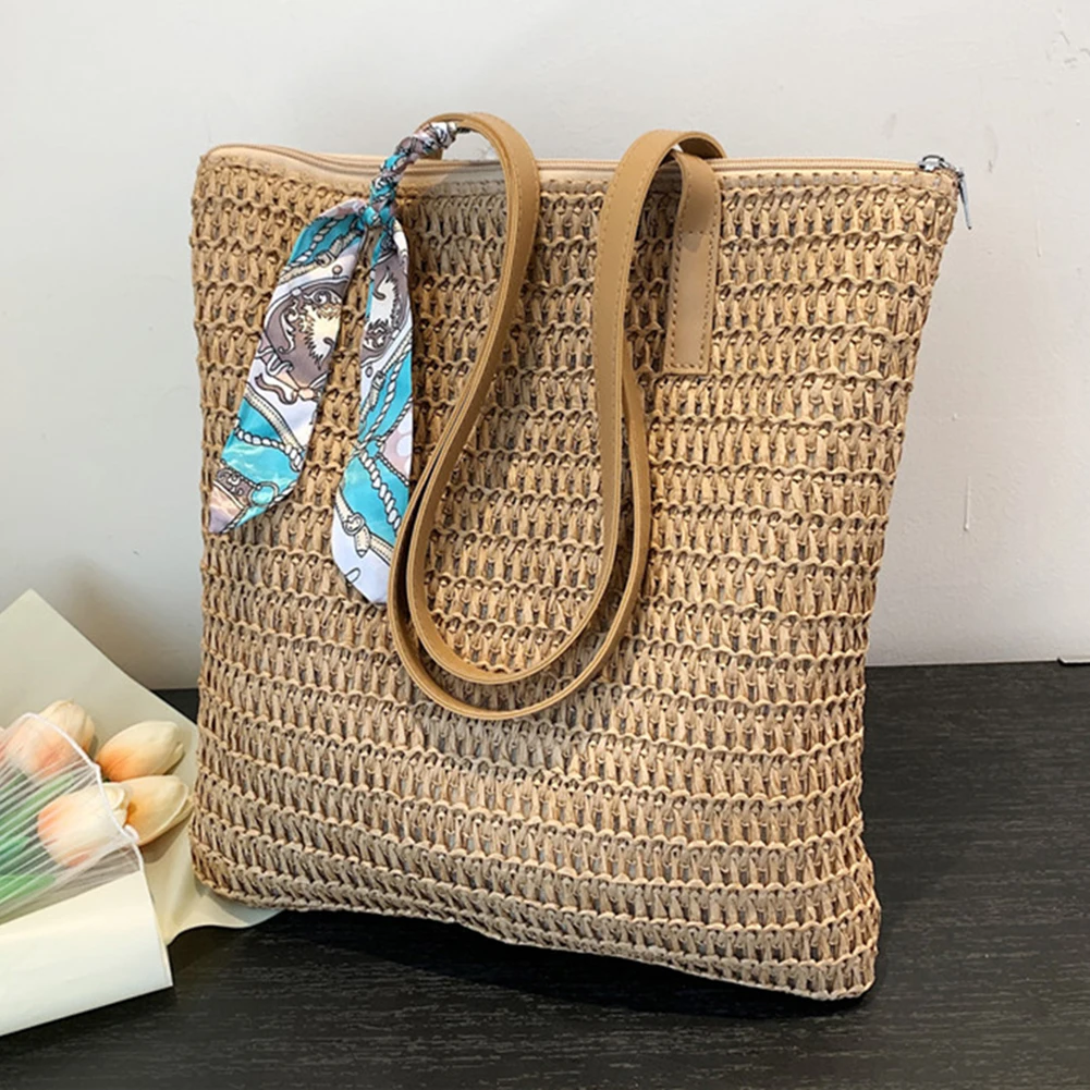 

Летняя женская плетеная Сумка-тоут, шелковый шарф, сумка-тоут для покупок ручной работы, Повседневная модная простая портативная большая вм...
