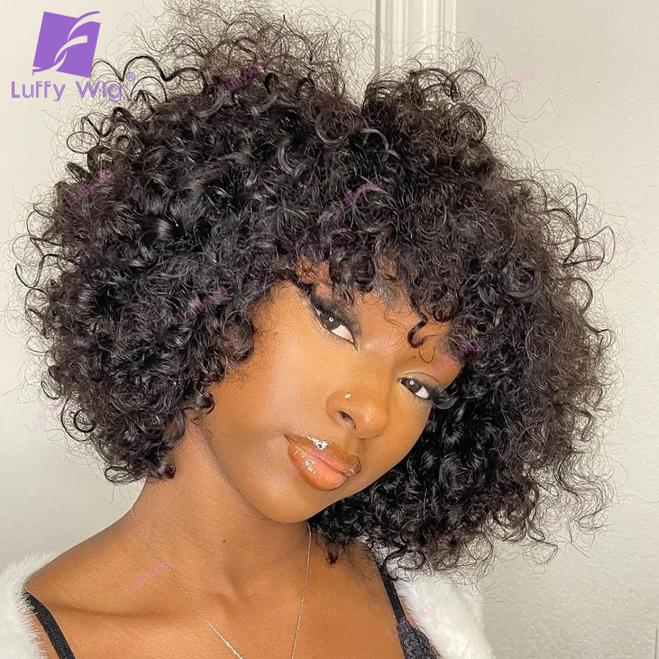 

Short Curly Bob Human Hair Bang Wigs Brazilian Remy Hair O Scalp Top Machine Wig With Bangs Glueless For Black Women Luffywig