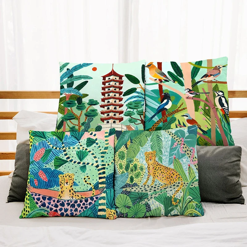 

Green Plant Animal Series Pillowcase 45x45cm Peach Skin Printed Cushion Cover For Living Room Sofa Chair Colorful Home Decor