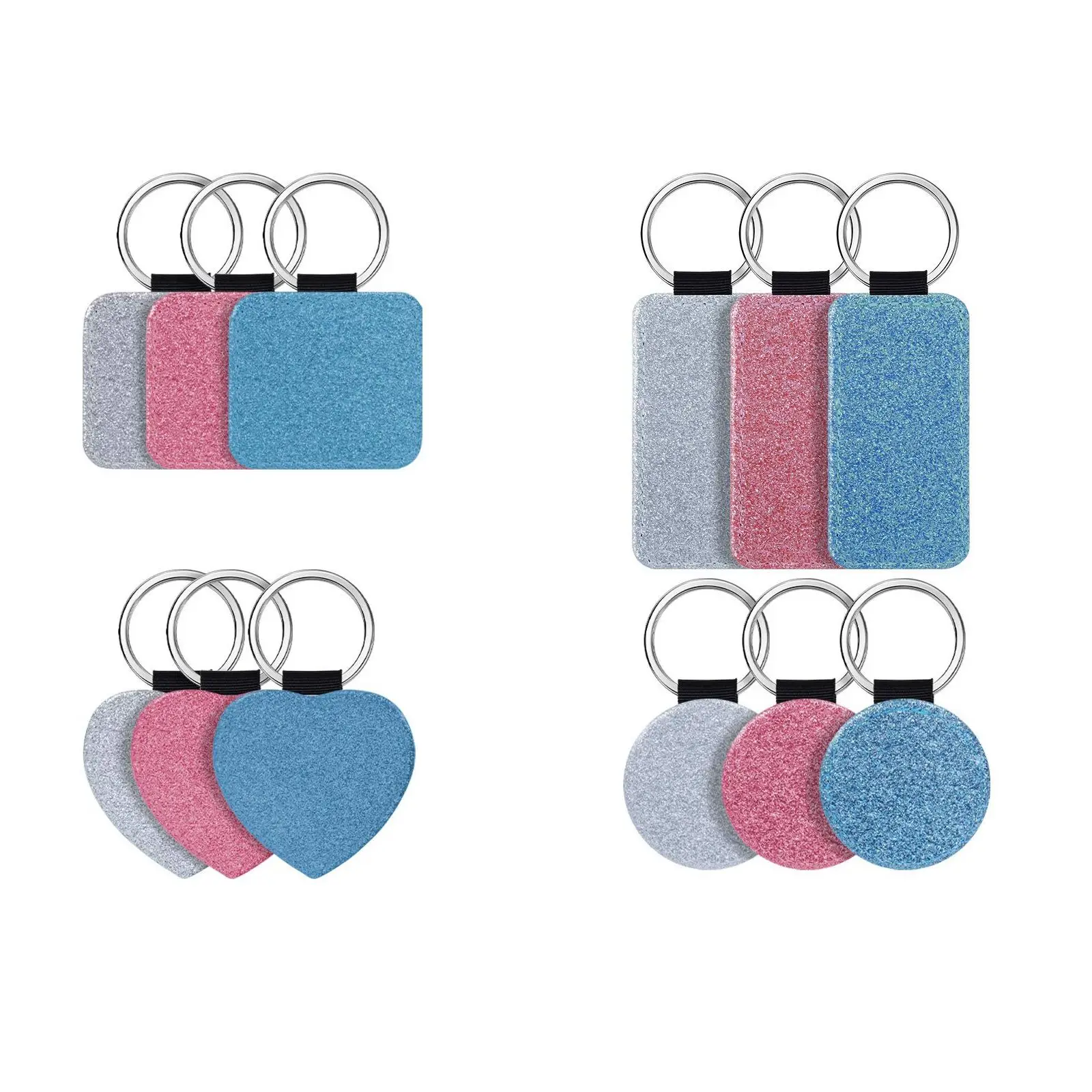 

12 Pack 3 Colors Sublimation Blanks Keychain 4 Types Glitter PU Leather Keychain DIY Heat Transfer Keyring
