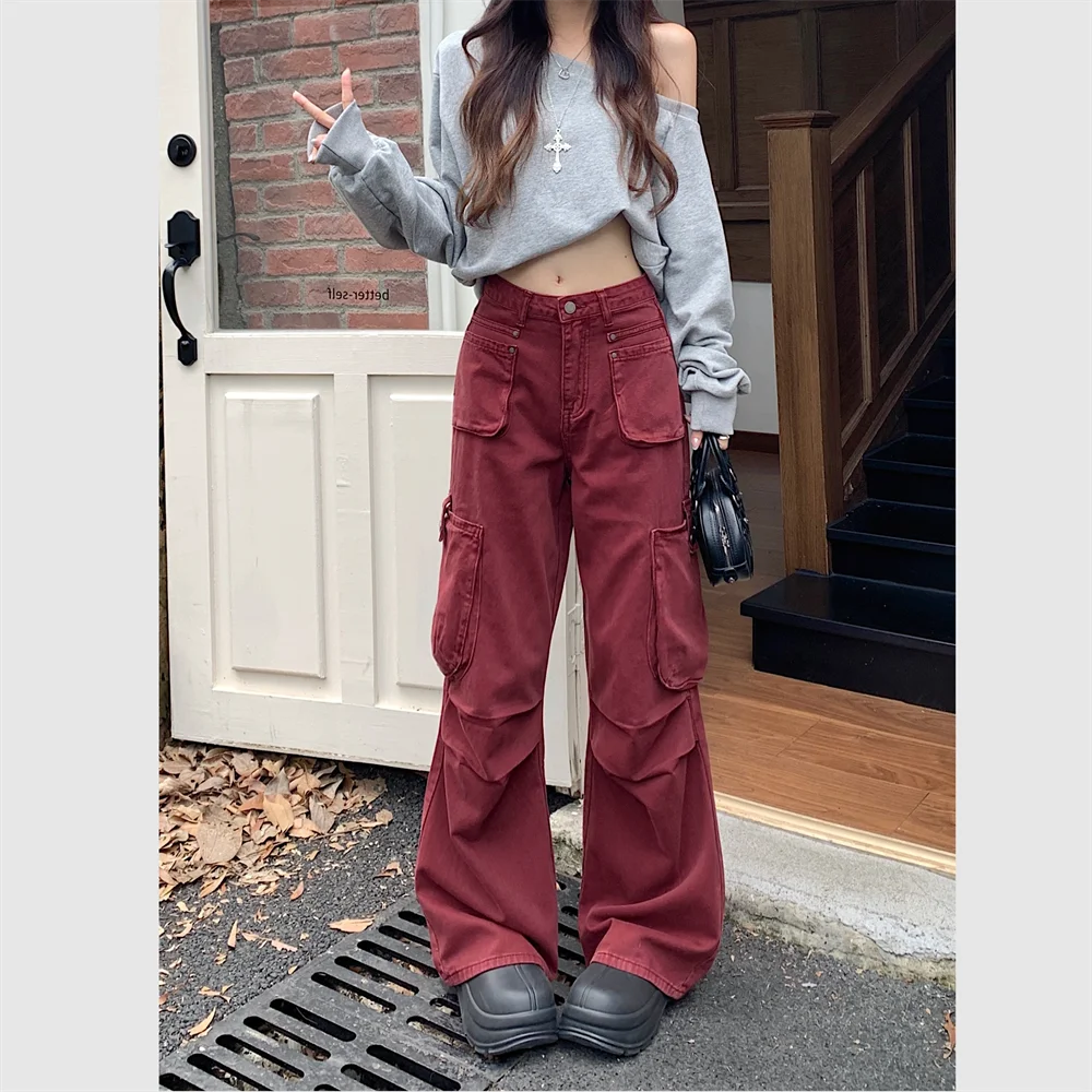 Джинсы-карго женские с завышенной талией винтажные прямые свободные брюки из