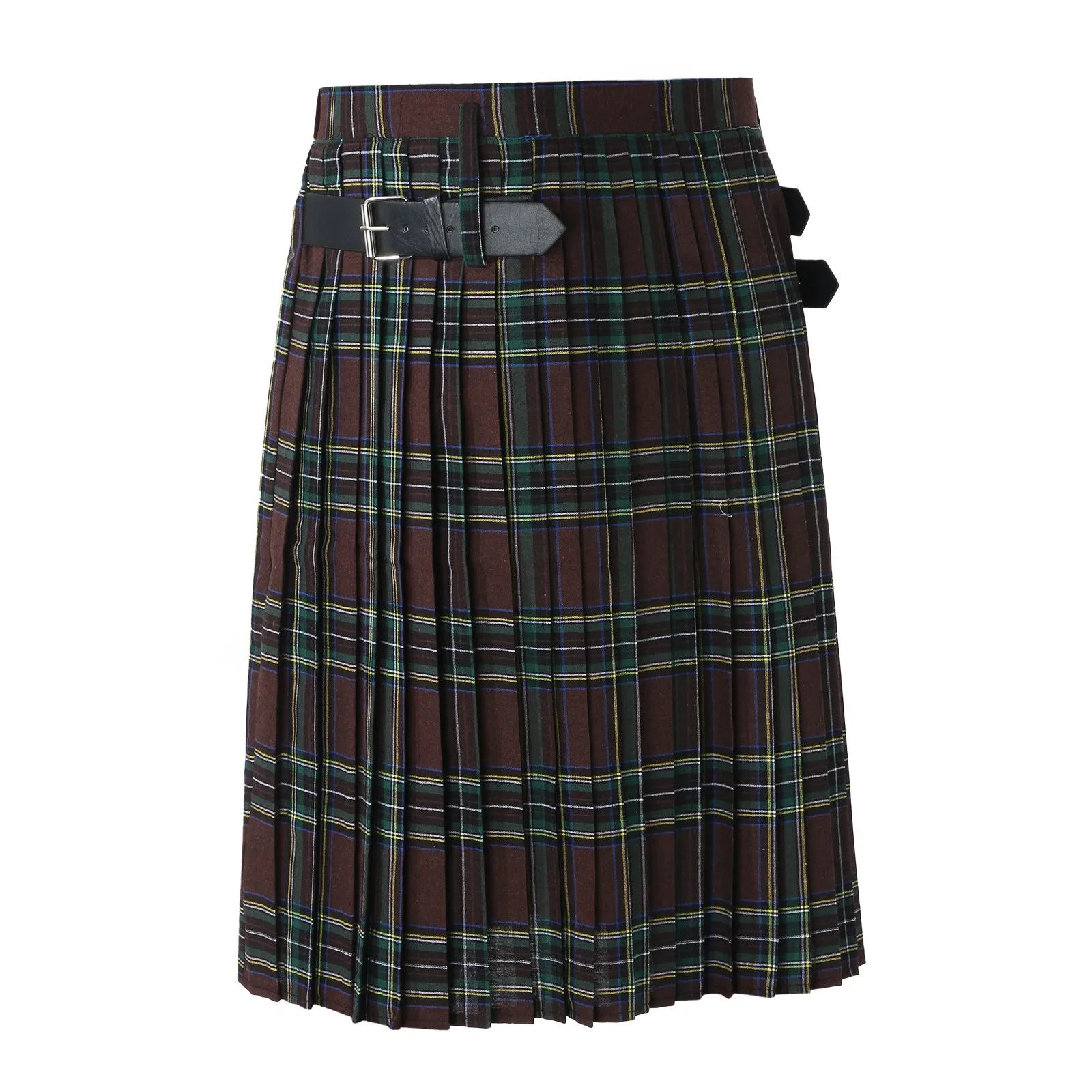 

Mens Fashion Casual Retro Scottish Style Plaid Print Contrast Waistband Pleated Skirt Korean Style Gothic Cargo Skirt 4
