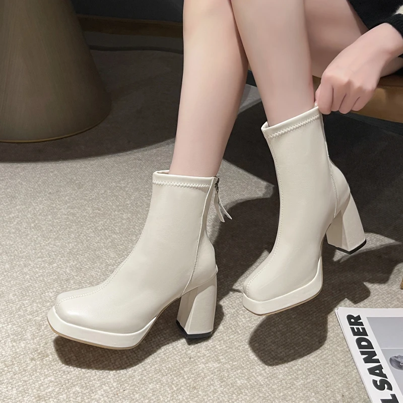 

Women High Heels Ankle Motorcycle Boots Chunky Zipper Winter Luxury Shoes 2024 Fad New Trend Square Toe Pumps Cozy Women Shoes