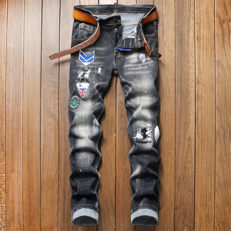 

Light Luxury Men Slim-fit Embroidery Black Jeans,High Quality Badge Decorating Ripped Jeans, Dot Print Stylish Sexy Street Jeans