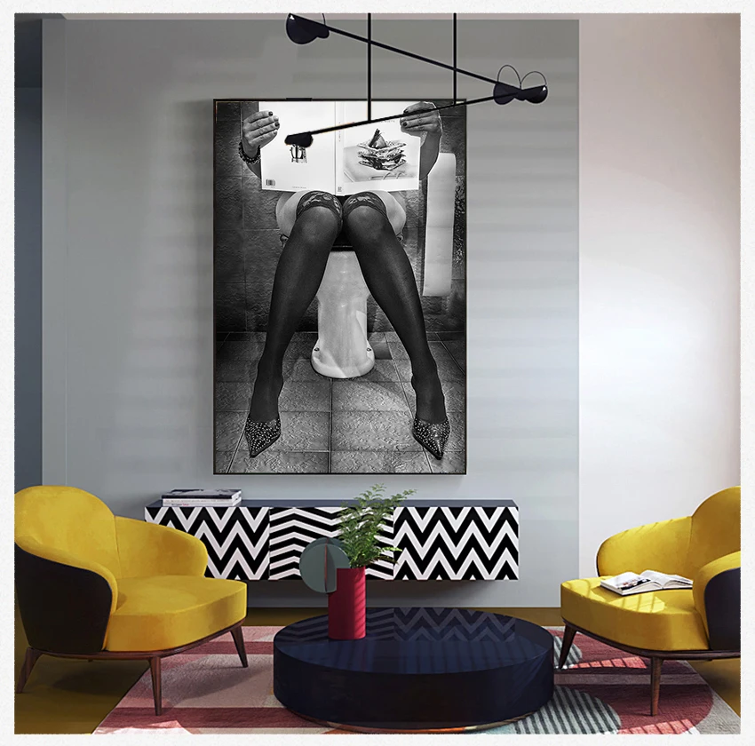 

Women Photography Canvas Painting Wall Art Pictures For Living Room Read The Newspaper On The Toilet Poster Black White