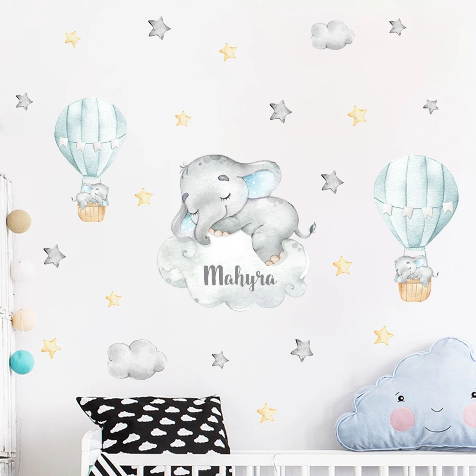 

Cartoon Bear Hot Air Balloon Clouds Gray Blue Custom Name Wall Stickers Watercolor Nursery Vinyl Wall Decals for Kids Room Decor