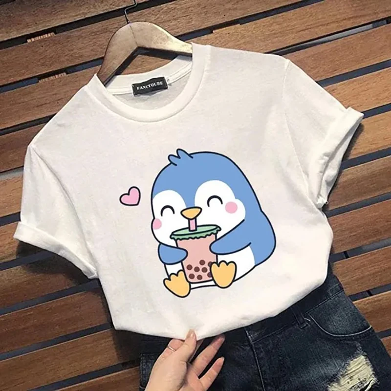 Футболка с принтом милых пингвинов жемчужин молочный чай Женская Повседневная