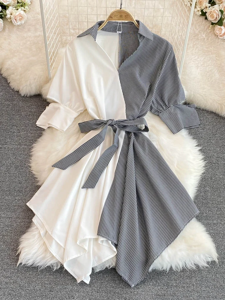 

Office Lady Irregular Striped Patchwork Summer Dress Women Elegant Short Sleeve High Waist Lace Up Vestidos Female Shirt