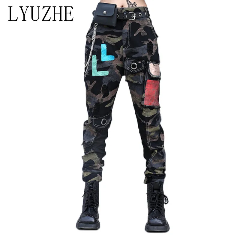 

LYUZHE Spring 2022 Harlan Pants Washed Women Jeans Trendy Cotton Demin Spliced Pockets Pants Camouflage LZP001