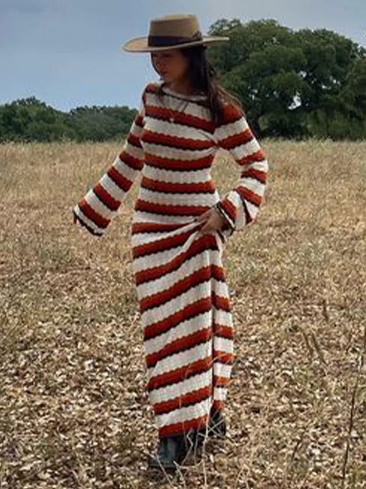 

Sleeve O Neck Dresses 2023 Summer Female Street Vestidos Women Elegant Striped Backless Knitted Maxi Dress Female Flare Long
