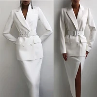 white chic women dress suits ladies double breasted long blazer with belt prom evening guest formal party wear custom made