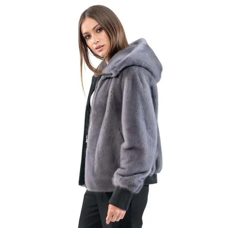 Winter Real Mink Fur Coat For Woman Warm Jacket With Hat & Zipper Ladies Cold-Resistant Short Outerwear Fashion Spring Essential