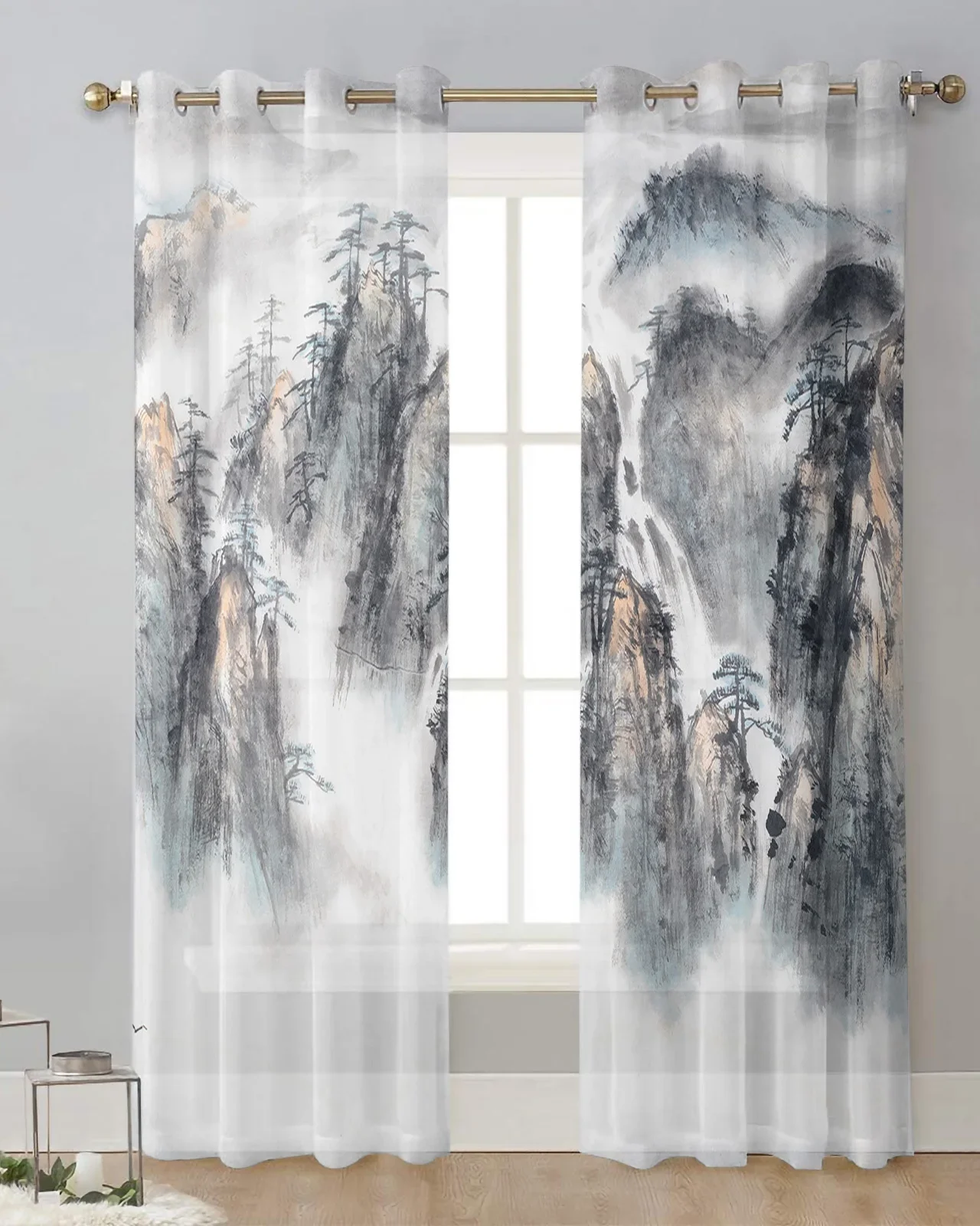 Китайский стиль пейзажная живопись тушью тюлевые шторы гостиная кухня украшение